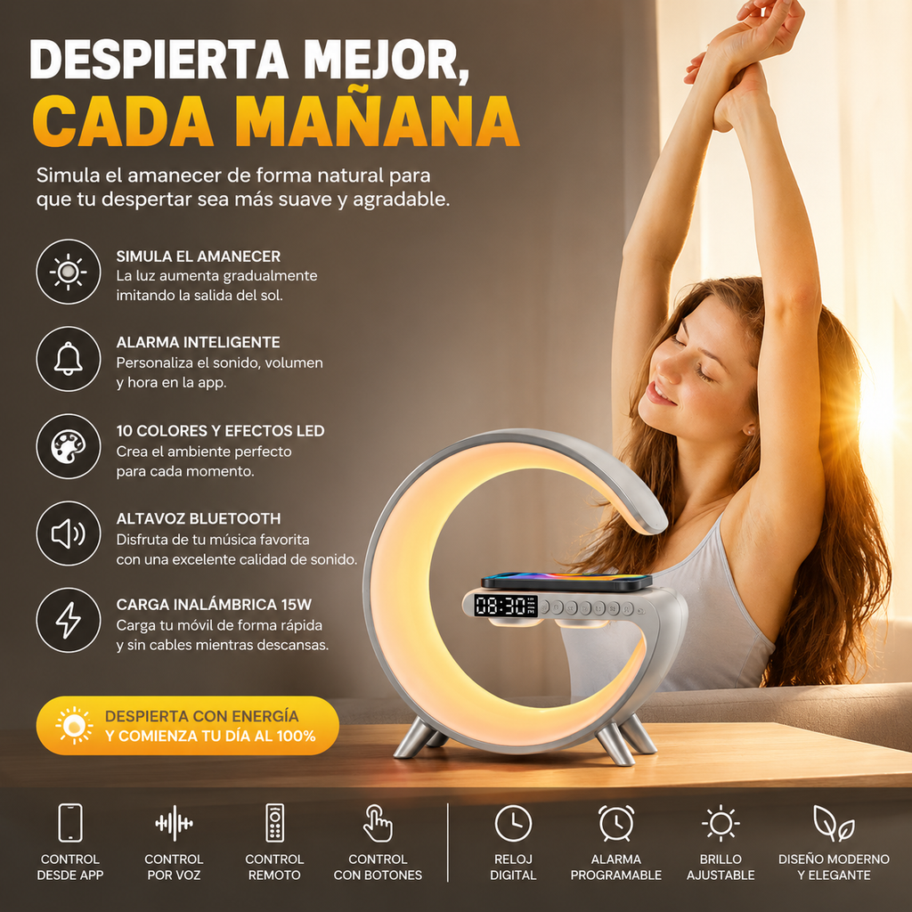 AuraLight™ Pro | Lámpara Inteligente de Bienestar con Carga Inalámbrica, Sonido Bluetooth y Despertador Sunrise