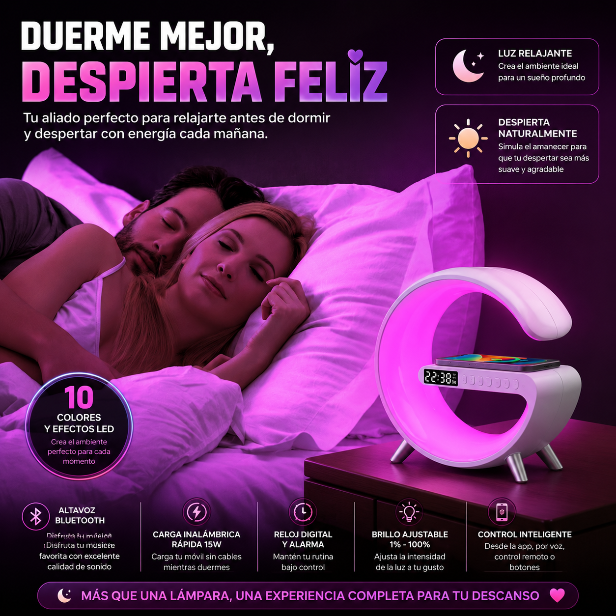 AuraLight™ Pro | Lámpara Inteligente de Bienestar con Carga Inalámbrica, Sonido Bluetooth y Despertador Sunrise