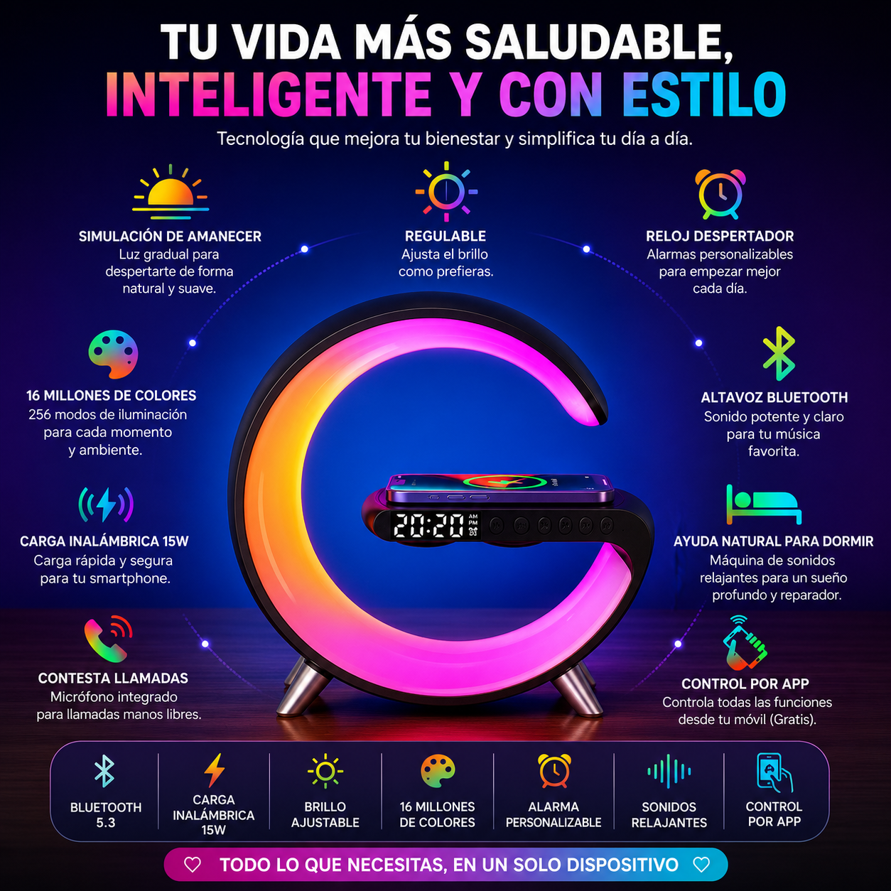 AuraLight™ Pro | Lámpara Inteligente de Bienestar con Carga Inalámbrica, Sonido Bluetooth y Despertador Sunrise