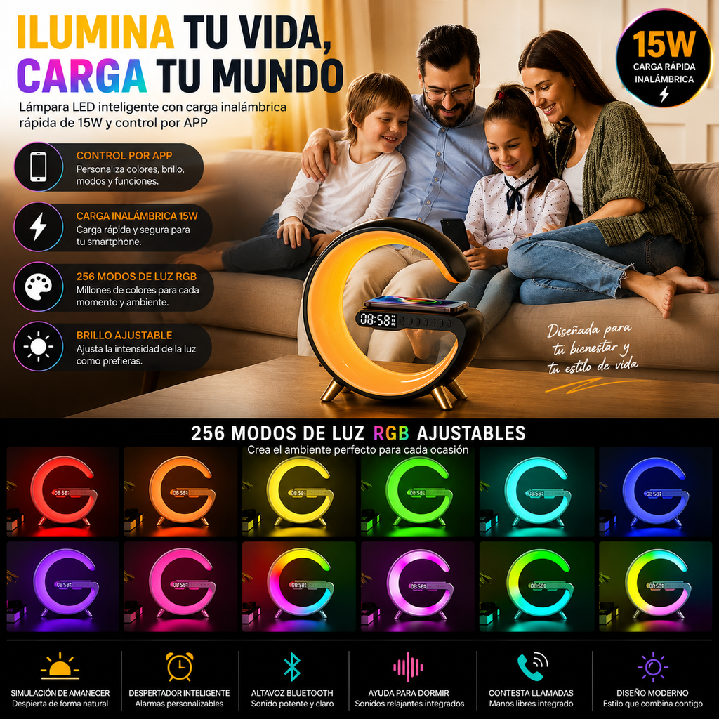 AuraLight™ Pro | Lámpara Inteligente de Bienestar con Carga Inalámbrica, Sonido Bluetooth y Despertador Sunrise