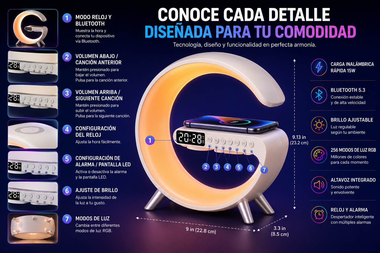 AuraLight™ Pro | Lámpara Inteligente de Bienestar con Carga Inalámbrica, Sonido Bluetooth y Despertador Sunrise