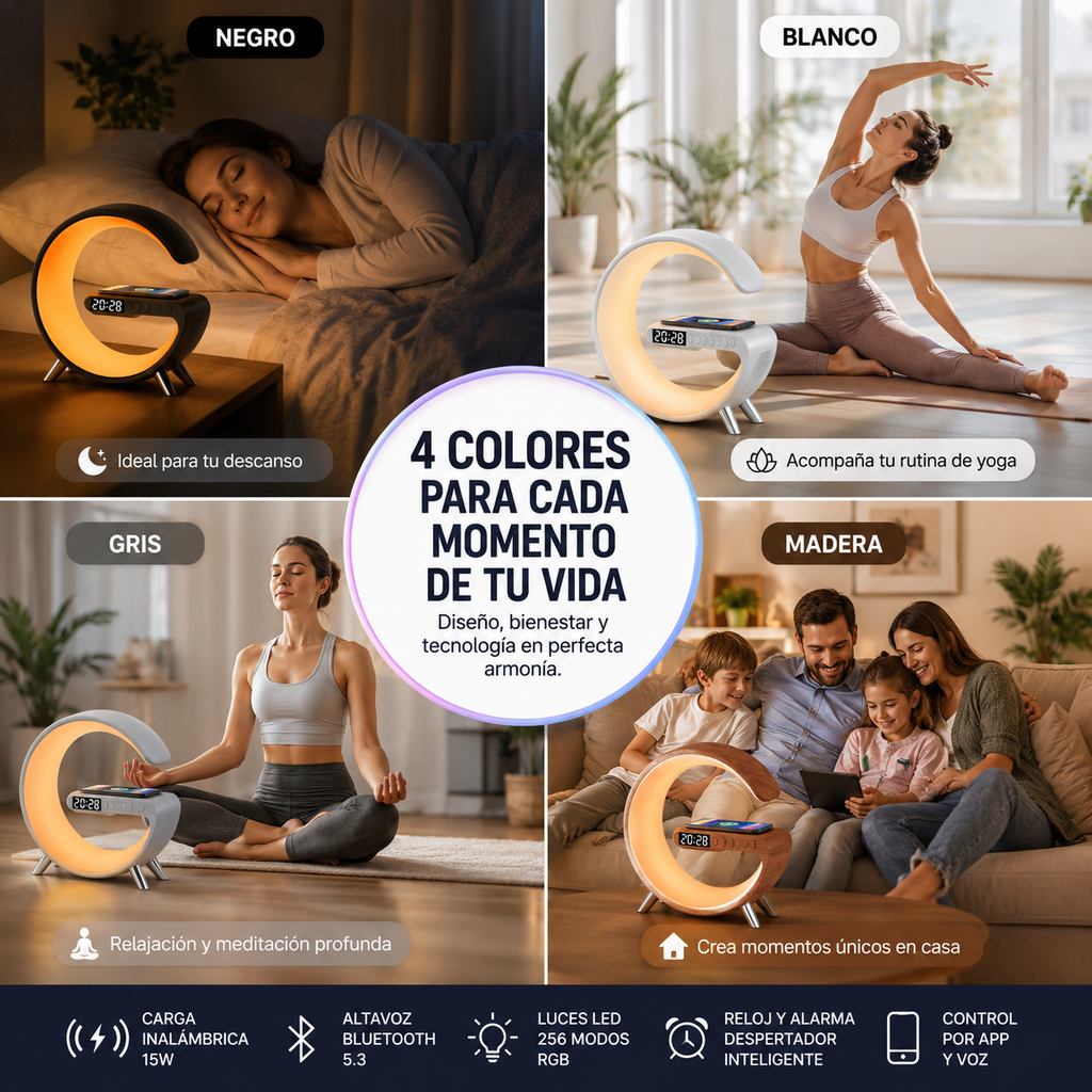 AuraLight™ Pro | Lámpara Inteligente de Bienestar con Carga Inalámbrica, Sonido Bluetooth y Despertador Sunrise