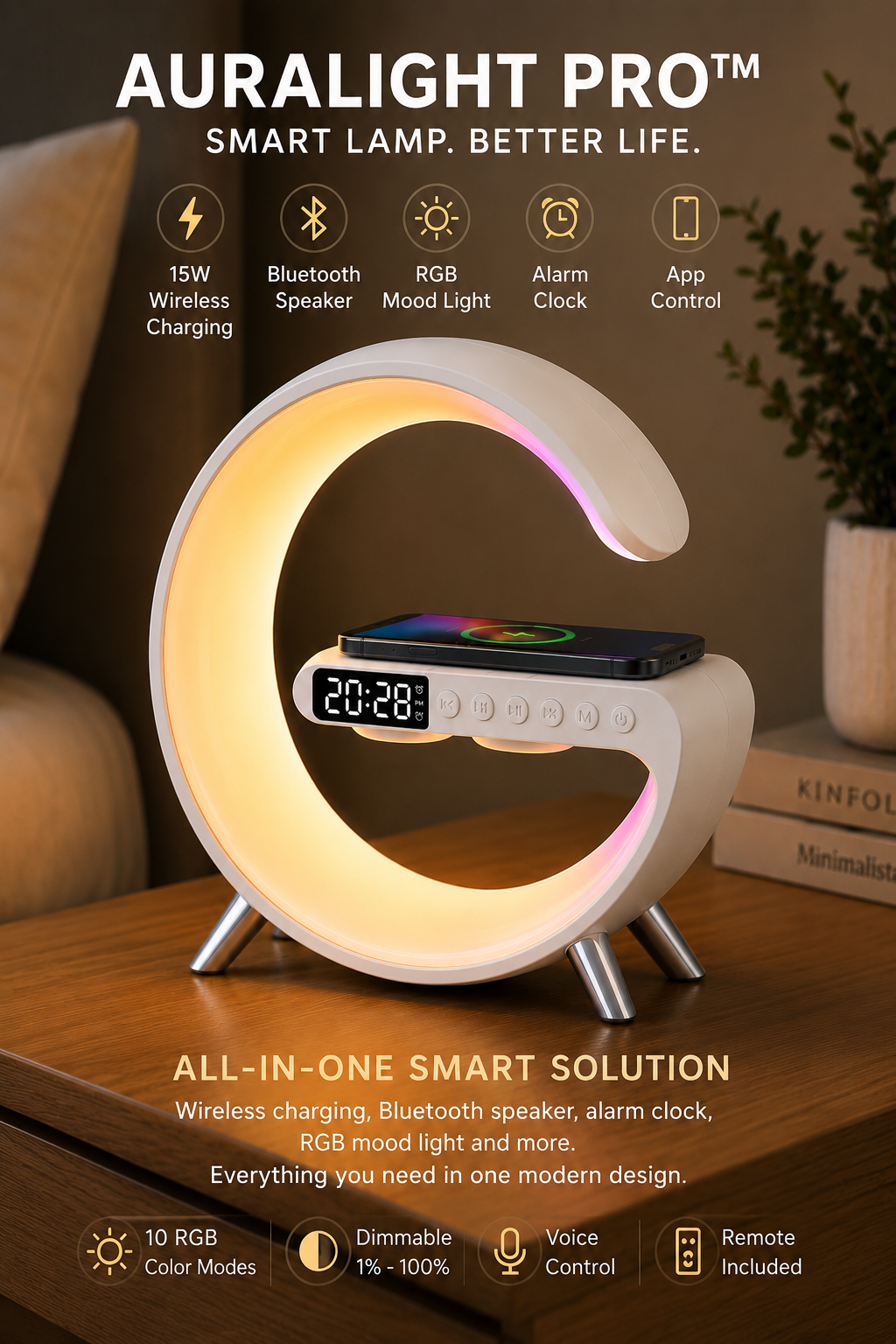 AuraLight Pro™ Smart RGB Lamp with Wireless Charger, Bluetooth Speaker & Sunrise Alarm Clock
