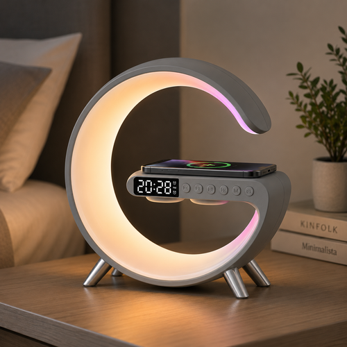 AuraLight™ Pro | Lámpara Inteligente de Bienestar con Carga Inalámbrica, Sonido Bluetooth y Despertador Sunrise