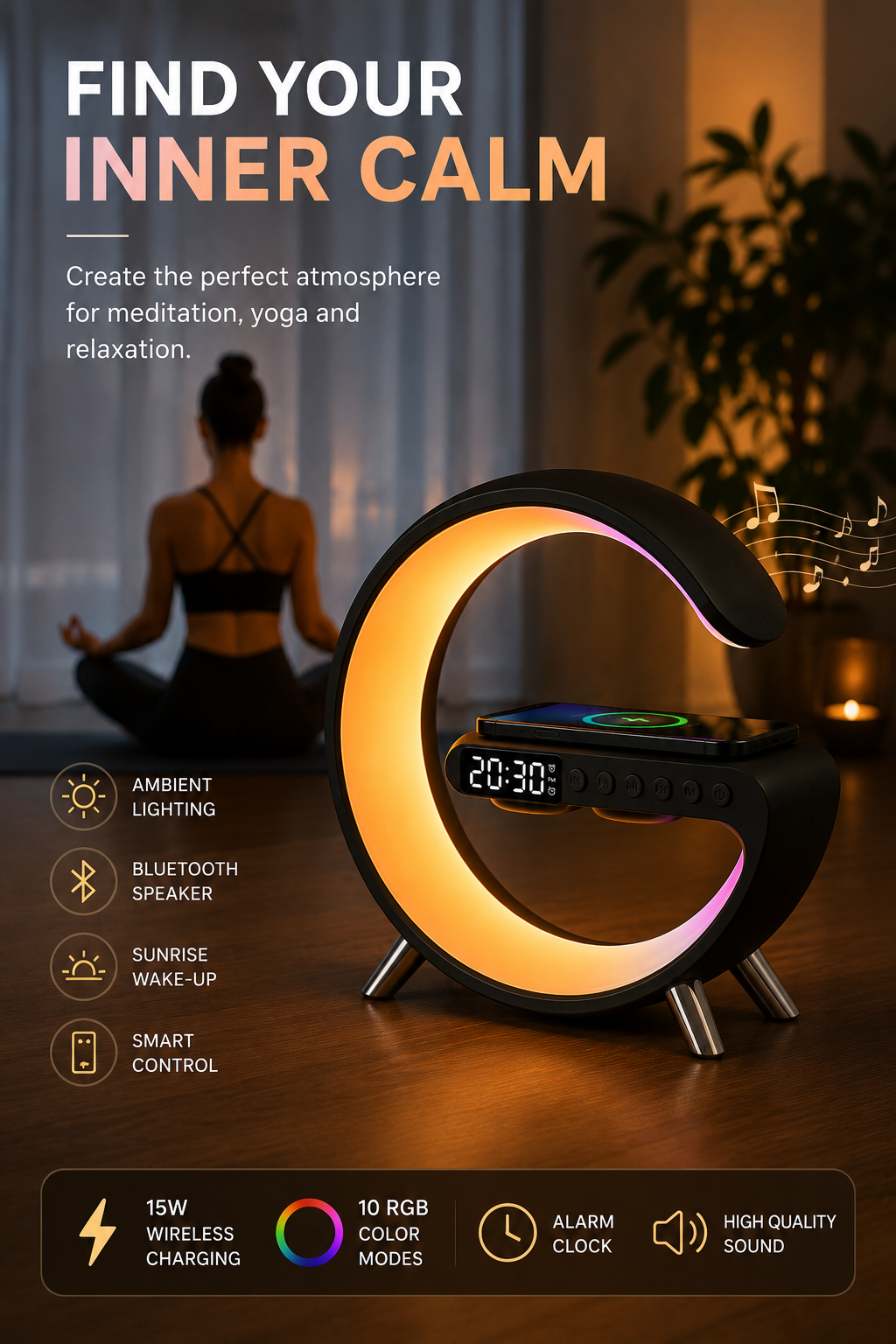 AuraLight Pro™ Smart RGB Lamp with Wireless Charger, Bluetooth Speaker & Sunrise Alarm Clock