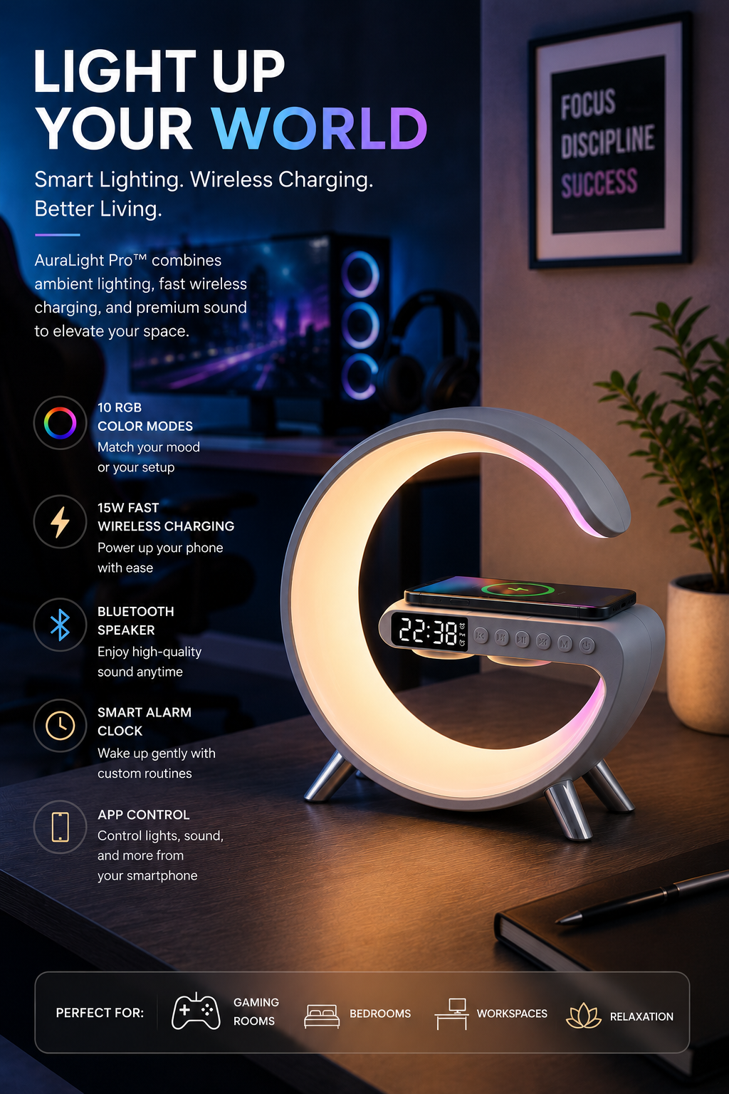AuraLight Pro™ Smart RGB Lamp with Wireless Charger, Bluetooth Speaker & Sunrise Alarm Clock